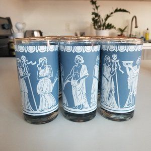 Vintage Jeannette Drinking Glasses | MCM Hellenic Greek Motif | Wedgwood Blue, 8